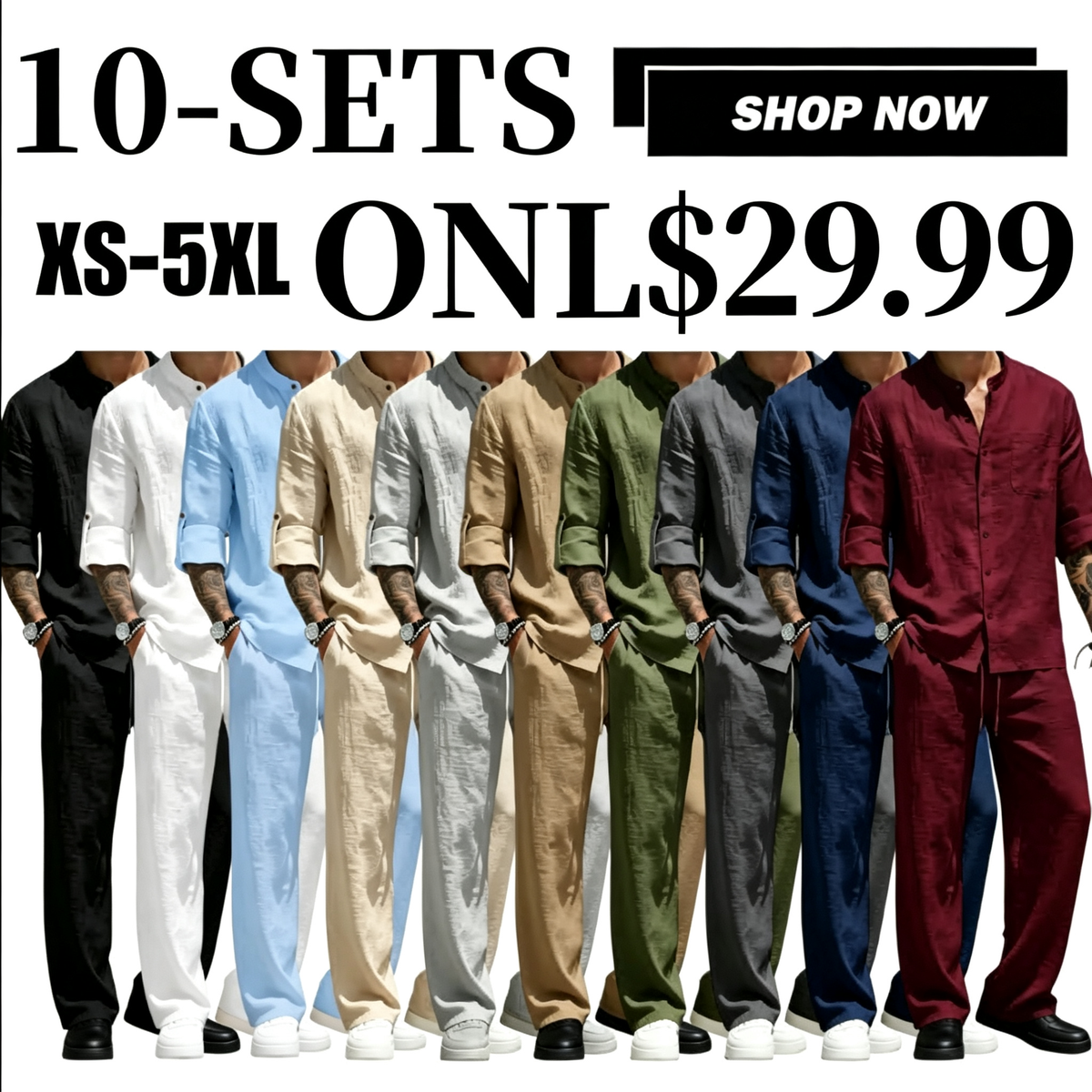 Men's Linen Stand Collar Long Sleeve Button Shirt & Straight Leg Belted Pants Set