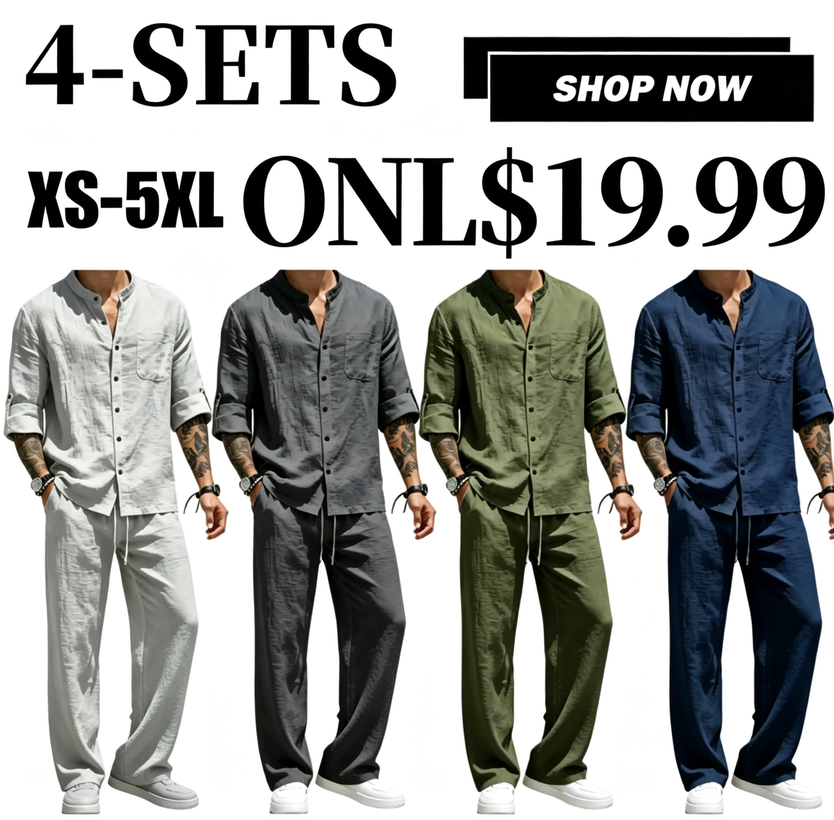 Men's Linen Stand Collar Long Sleeve Button Shirt & Straight Leg Belted Pants Set