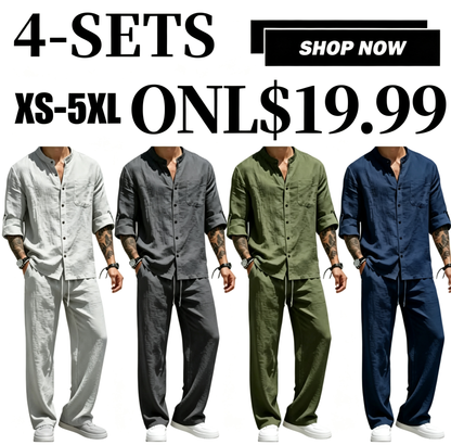 Men's Linen Stand Collar Long Sleeve Button Shirt & Straight Leg Belted Pants Set