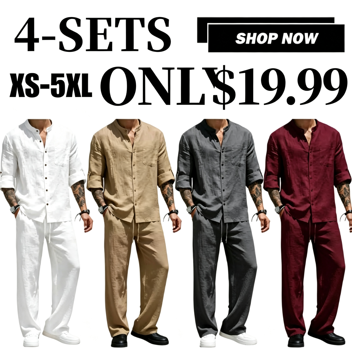 Men's Linen Stand Collar Long Sleeve Button Shirt & Straight Leg Belted Pants Set