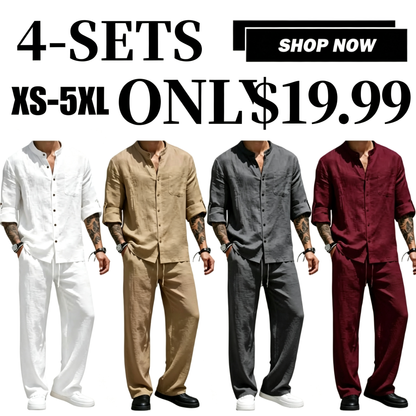 Men's Linen Stand Collar Long Sleeve Button Shirt & Straight Leg Belted Pants Set