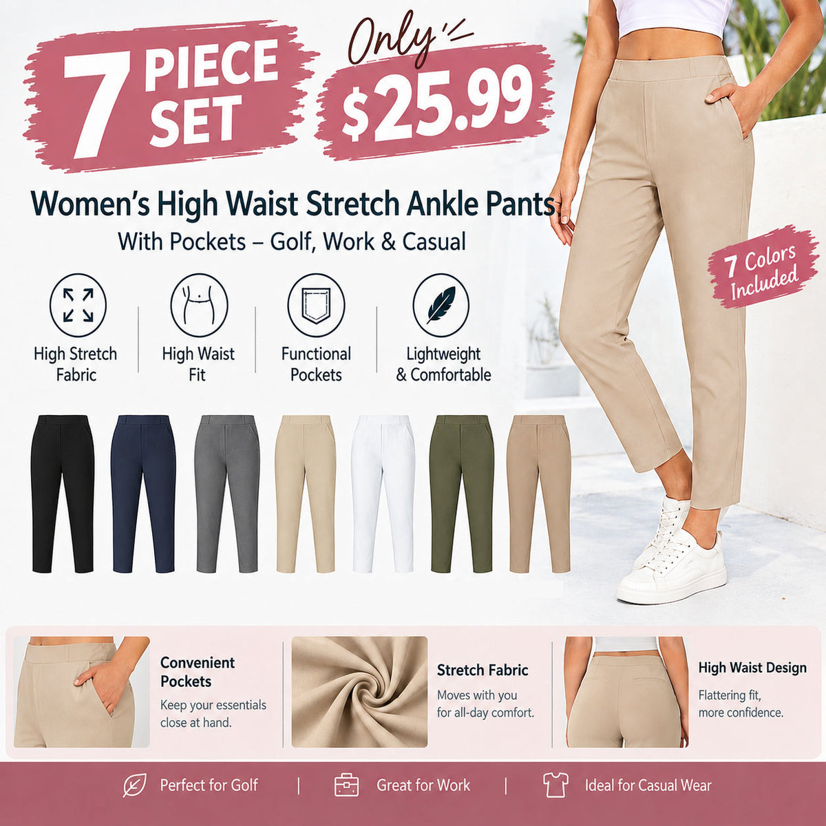 Women's High Waist Stretch Ankle Pants with Pockets – Golf, Work & Casual