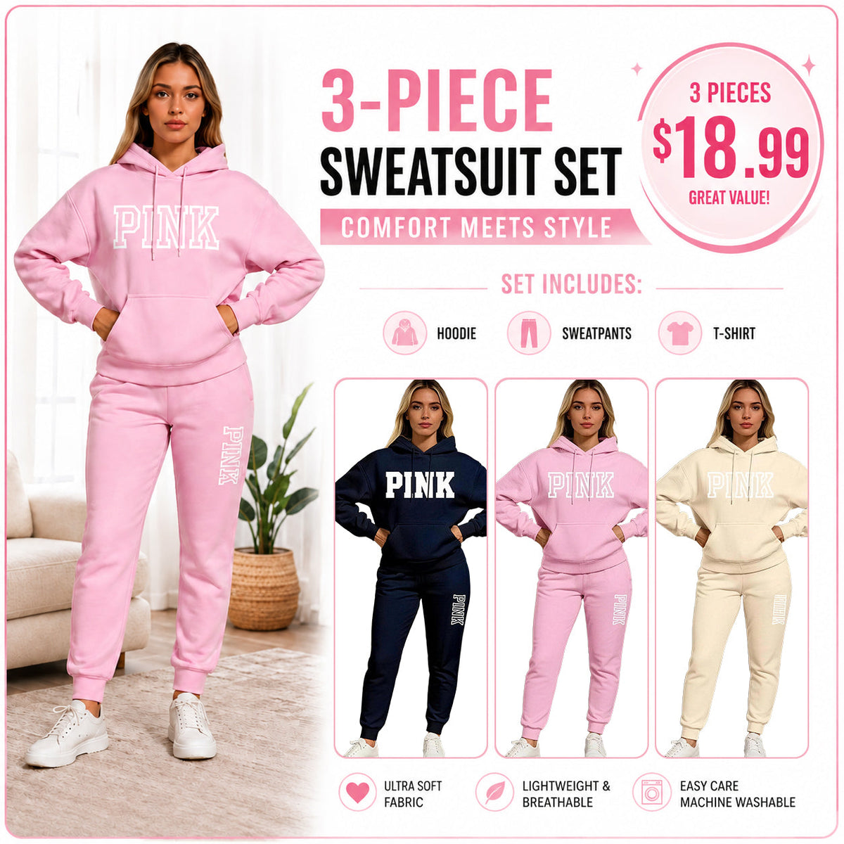 Women's Casual Printed Hoodie & Drawstring Jogger Pants Set