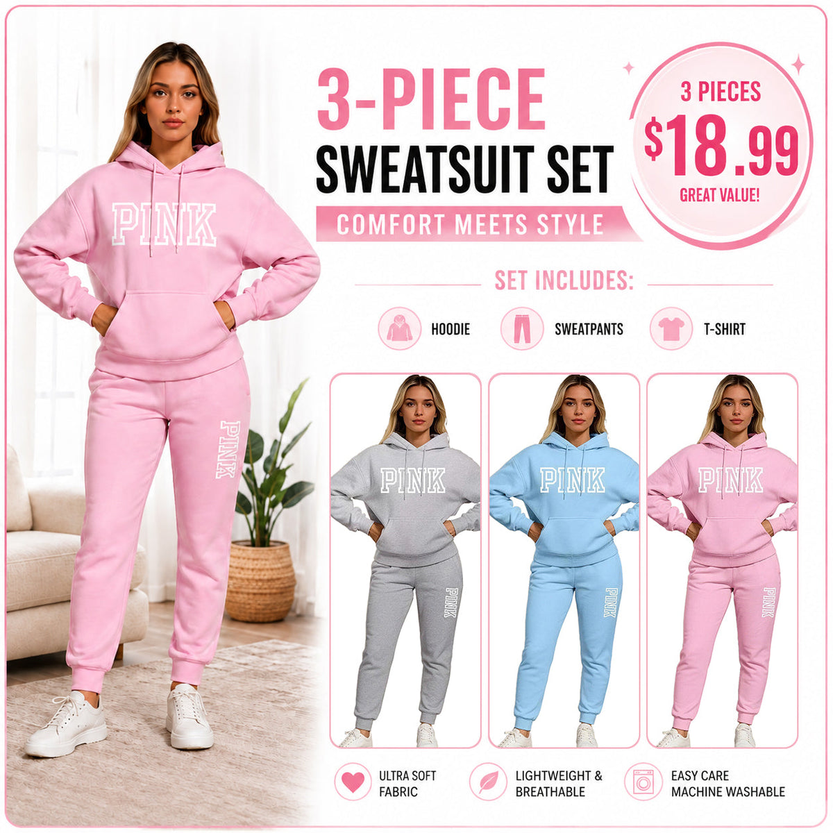 Women's Casual Printed Hoodie & Drawstring Jogger Pants Set