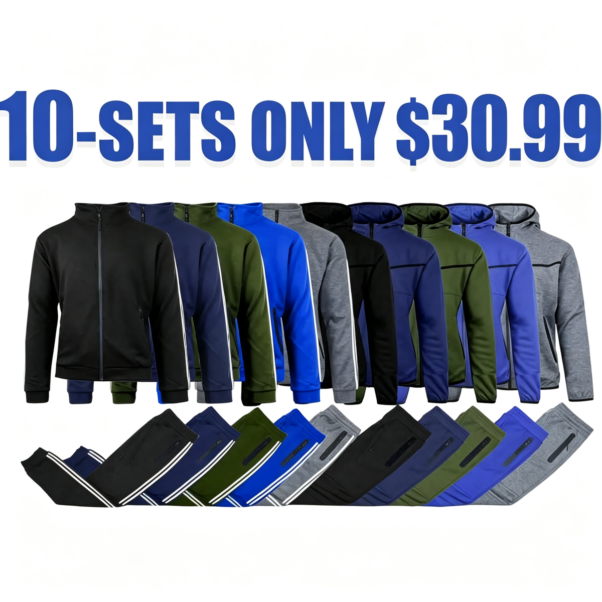 Men’s 4-Piece Fleece Zip Hoodie & Jogger Sets- 2 Full Sets