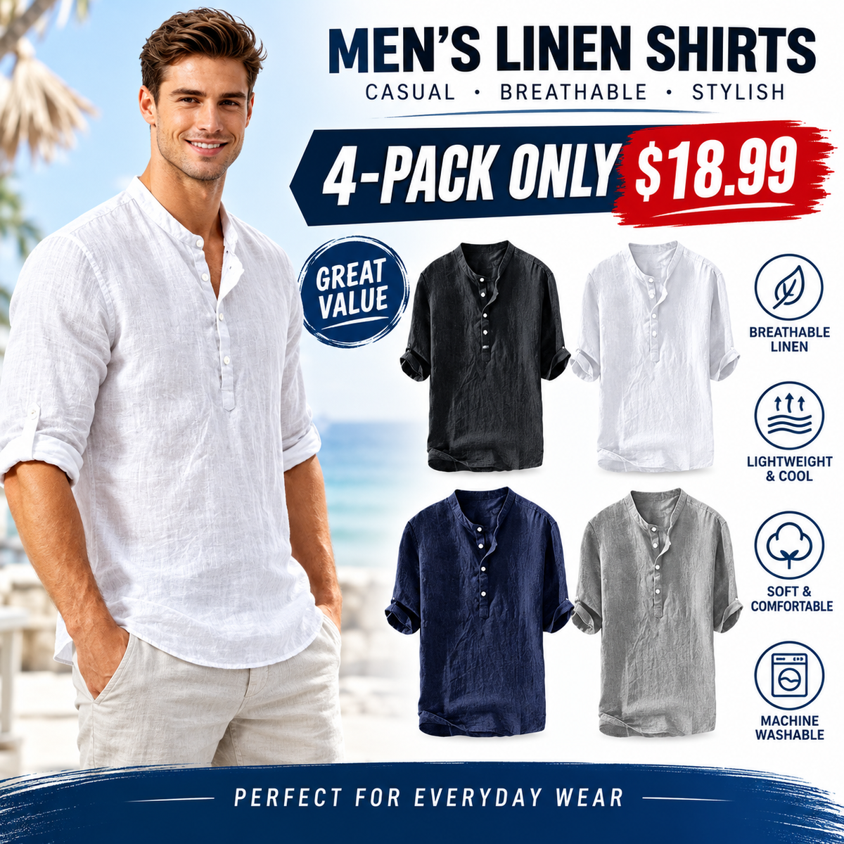 💥 Final Countdown Begins 💥Men's Linen Shirts Casual Cotton 3/4 Sleeve Regular-Fit Henley T-Shirt